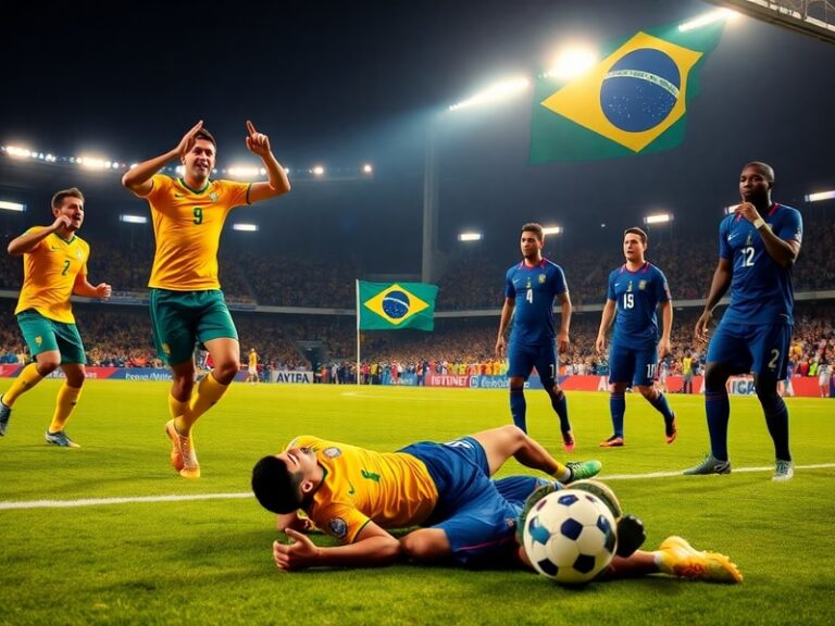 A vibrant stadium scene at night showing Brazil and Haiti players shaking hands before a match, with Brazilian fans in yellow