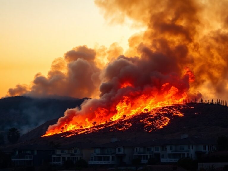 A firefighter in full gear battles a wildfire in the hills of Los Angeles, with smoke billowing in the background and a LAFD
