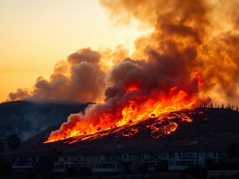A firefighter in full gear battles a wildfire in the hills of Los Angeles, with smoke billowing in the background and a LAFD