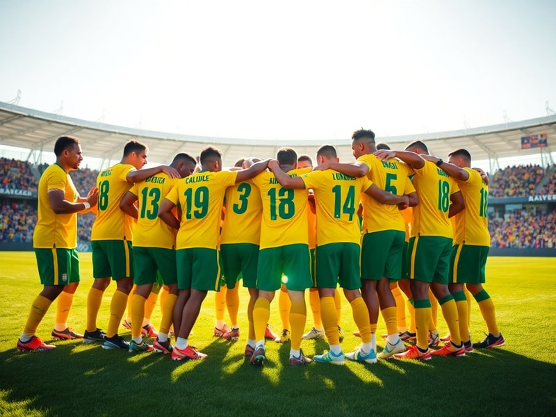 A vibrant collage of Brazilian football legends and modern stars, set on a lush green pitch under a golden sunset, capturing