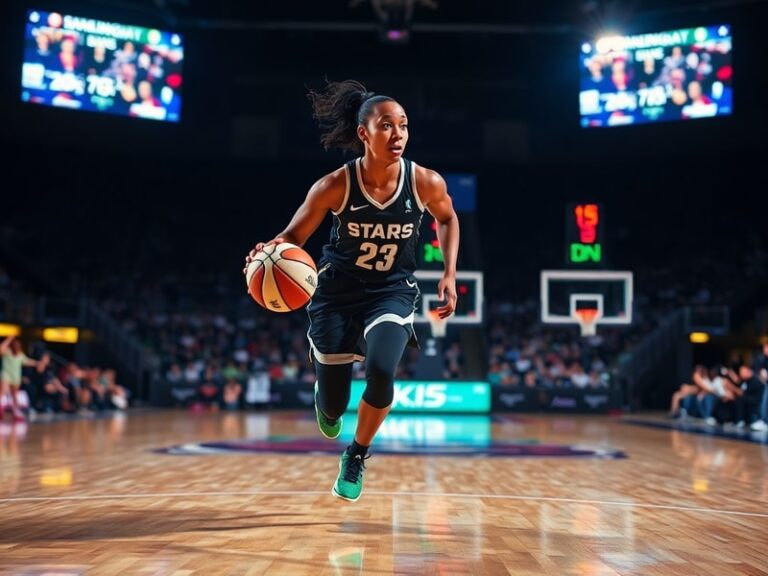 Marina Mabrey mid-game, dribbling past a defender in a high-energy WNBA game, wearing the Dallas Wings uniform with a focused