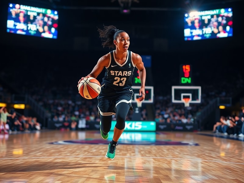 Marina Mabrey mid-game, dribbling past a defender in a high-energy WNBA game, wearing the Dallas Wings uniform with a focused