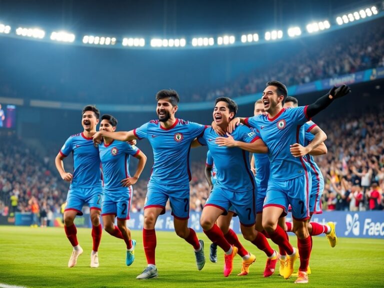 A dynamic action shot of the Paraguay national team in traditional red and white striped jerseys, mid-match during a Copa Amé