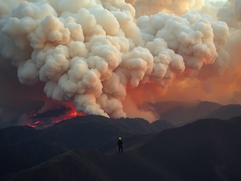 Aerial view of a wildfire burning near a suburban neighborhood at dusk, with smoke billowing into the sky and emergency vehic