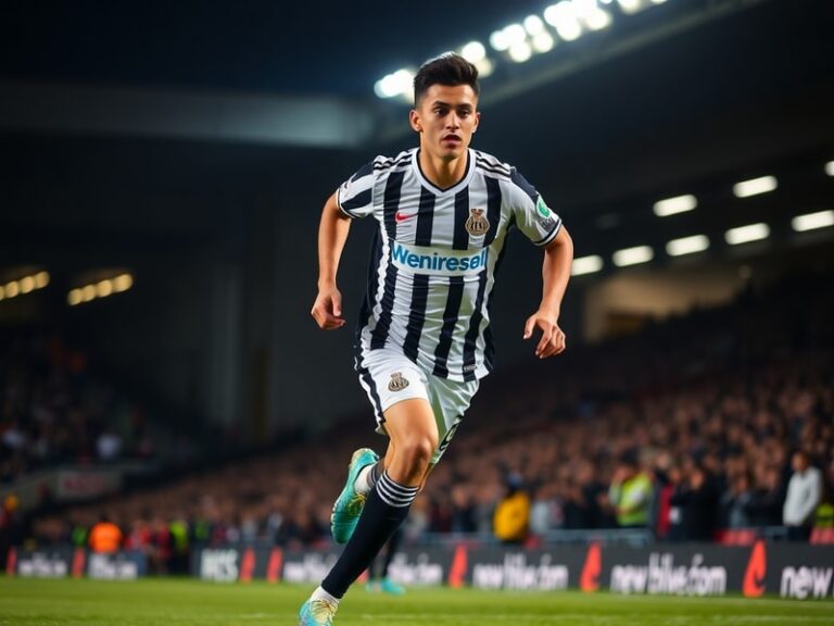 Miguel Almirón in action for Newcastle United, wearing the number 7 shirt, controlling the ball in midfield during a Premier