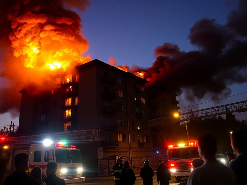 A smoky night scene over Boyle Heights with firefighters battling flames in a commercial corridor, charred storefronts in the