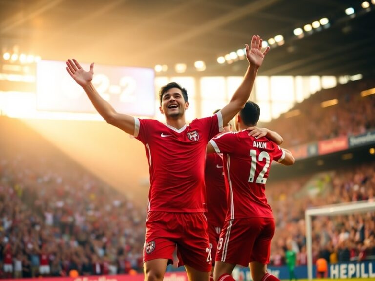 A packed stadium erupts in celebration under floodlights, with players hugging after a last-minute winner, capturing the raw