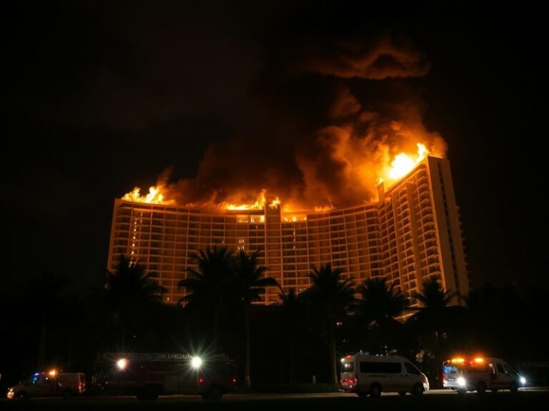 A wide-angle shot of a luxury resort in Punta Cana at dusk, with visible fire exits and safety signs illuminated. Smoke rises