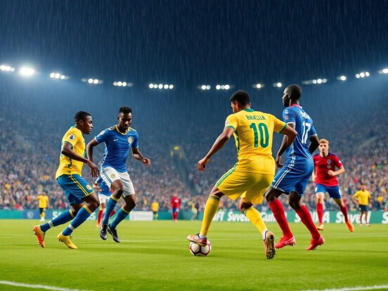 Imagem de um jogo entre Brasil e Haiti, com jogadores brasileiros comemorando um gol e jogadores haitianos em ação defensiva