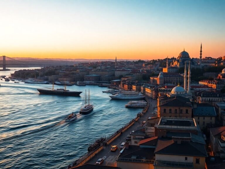 A vibrant street scene in Istanbul at dusk, showcasing the Hagia Sophia and modern skyscrapers, with bustling markets and min