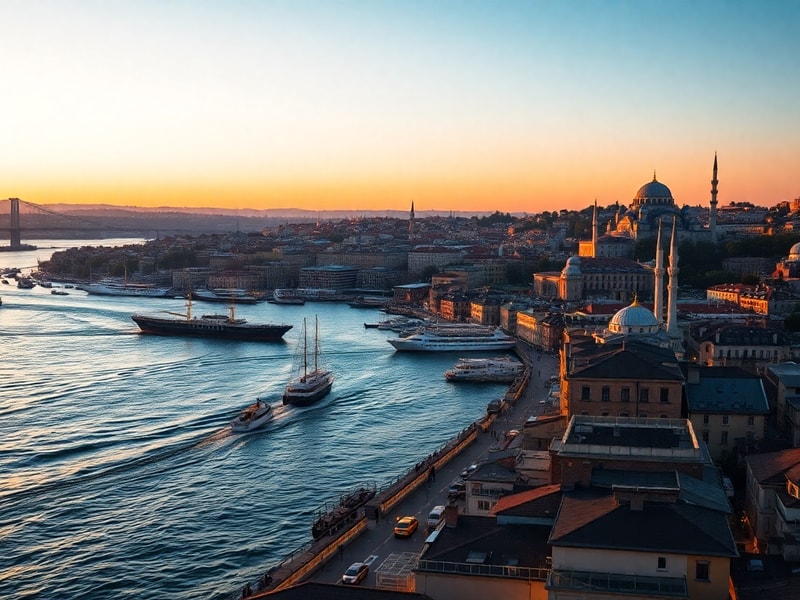 A vibrant street scene in Istanbul at dusk, showcasing the Hagia Sophia and modern skyscrapers, with bustling markets and min