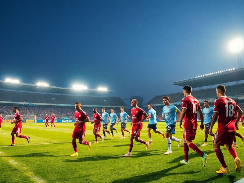 Fotografía de un estadio de fútbol iluminado con jugadores de Turquía y Paraguay en primer plano, mostrando tensión táctica a