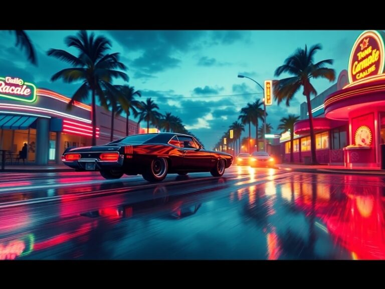 A cinematic shot of a neon-lit Miami-inspired cityscape at dusk, with palm trees swaying and a vintage convertible driving do