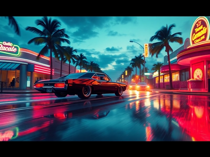 A cinematic shot of a neon-lit Miami-inspired cityscape at dusk, with palm trees swaying and a vintage convertible driving do