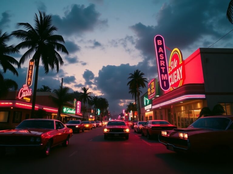 A cinematic shot of Vice City’s neon-lit skyline at night, with palm trees silhouetted against a glowing sunset, featuring su