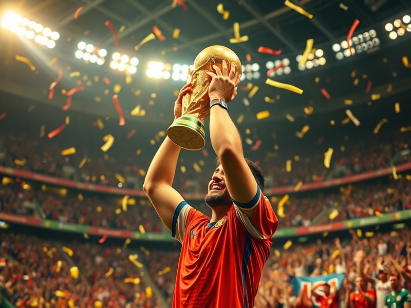 A vibrant collage of World Cup moments: a stadium packed with fans, iconic players like Messi and Maradona, and cultural symb