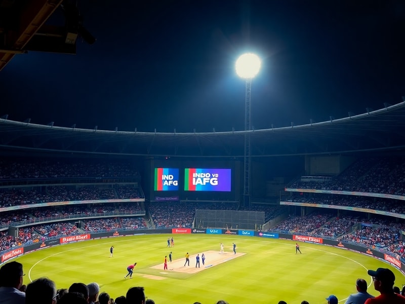 A packed stadium under floodlights with Afghanistan and India players shaking hands after the match. Virat Kohli and Rahmat S