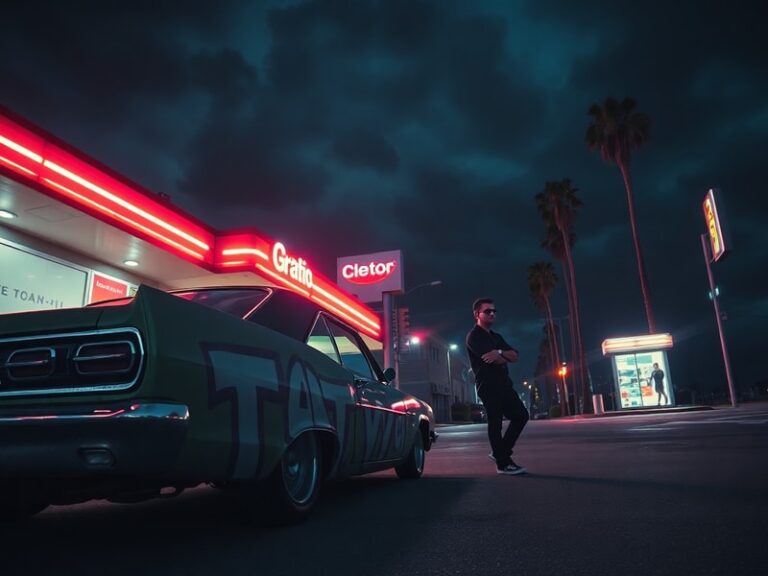A cinematic shot of Vice City’s neon-lit skyline at dusk, featuring palm trees, Art Deco buildings, and a bustling street sce