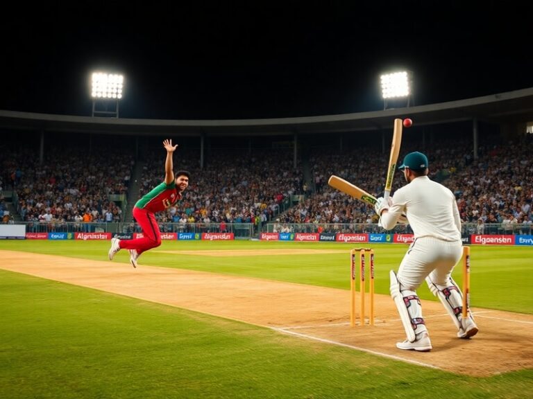 A high-energy cricket match between India and Afghanistan, with Rashid Khan bowling to an Indian batsman under floodlights, c