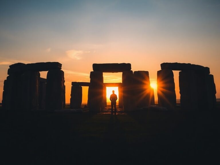 A vibrant scene of a summer solstice celebration at Stonehenge at sunrise, with crowds gathered around the ancient stones as