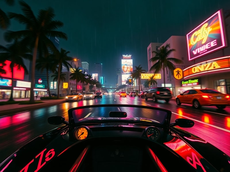 A cinematic shot of a neon-lit Leonida cityscape at night, featuring a sleek sports car speeding through crowded streets, wit