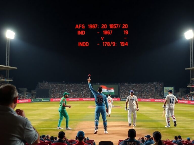 A split-image showing a packed stadium in India on one side with Indian fans waving flags, and a smaller, intimate cricket sc