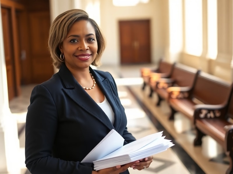 A mid-career portrait of Crystal Lawson in a professional setting, such as a courtroom or city hall, with a serious expressio