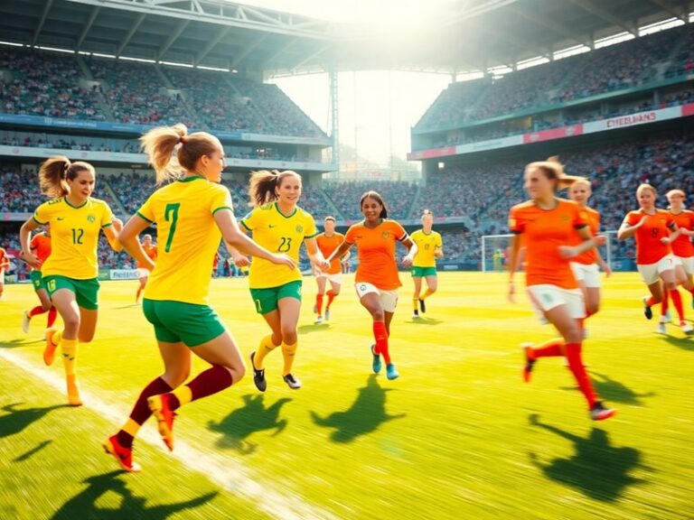A dynamic action shot of a Netherlands player in orange facing off against an Australia player in green, with the ball mid-ai