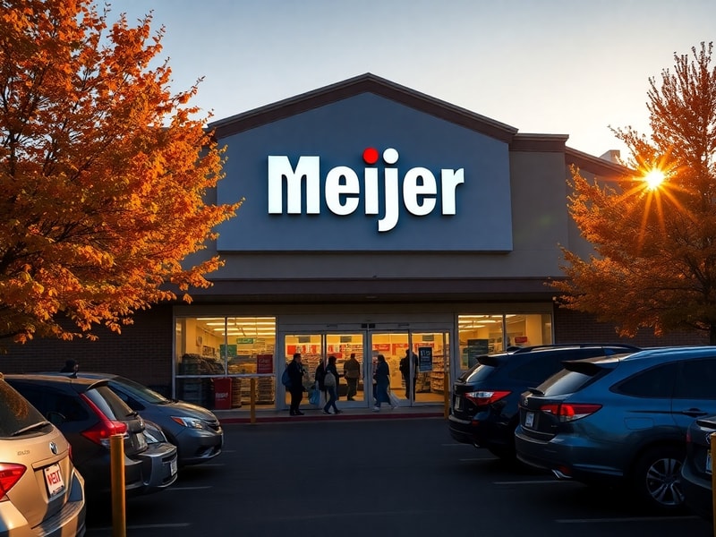 A bustling Meijer supercenter exterior at dusk, with shoppers entering and exiting, surrounded by a snowy Midwestern landscap