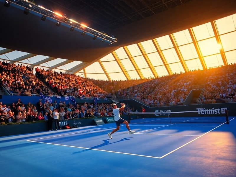 A vibrant night-time shot of the Berlin Tennis Open 2026 at Olympiapark, featuring illuminated courts, a full crowd under flo