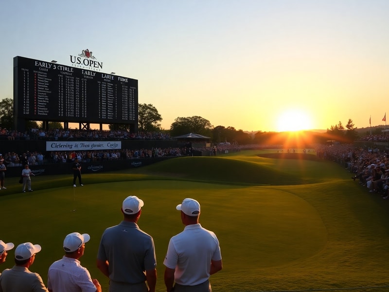 A wide-angle shot of a U.S. Open golf course at sunrise, with players in the foreground preparing to tee off. The scene inclu