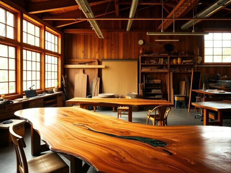A well-lit woodworking studio featuring a craftsman meticulously carving a wooden chair, surrounded by finished Nakashima fur