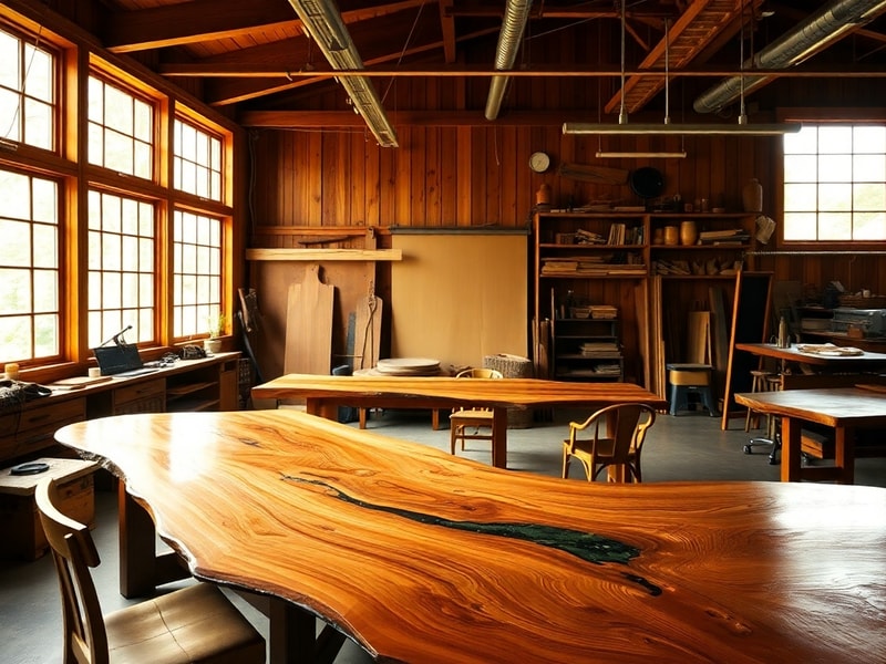 A well-lit woodworking studio featuring a craftsman meticulously carving a wooden chair, surrounded by finished Nakashima fur
