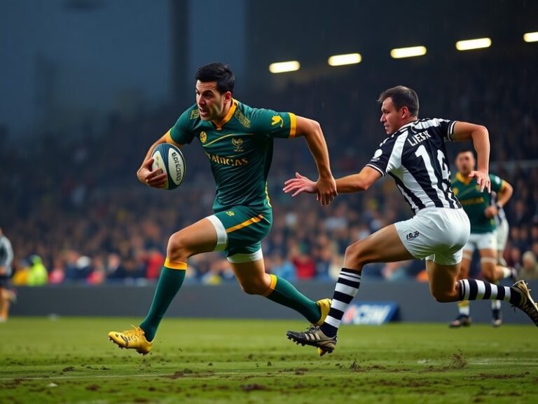 A dynamic action shot of the South Africa vs Barbarians match at a packed stadium, featuring Springbok players in green jerse
