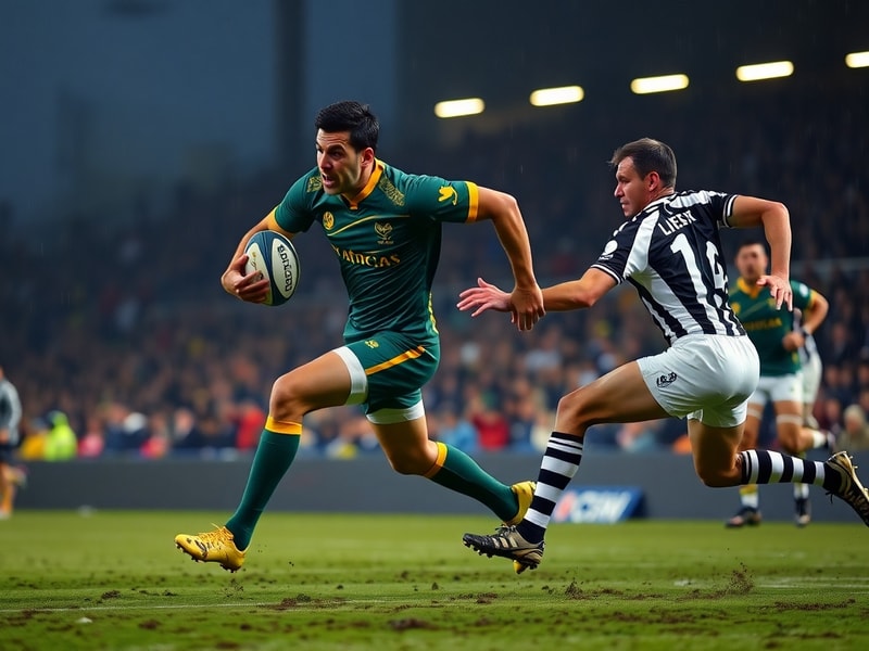 A dynamic action shot of the South Africa vs Barbarians match at a packed stadium, featuring Springbok players in green jerse