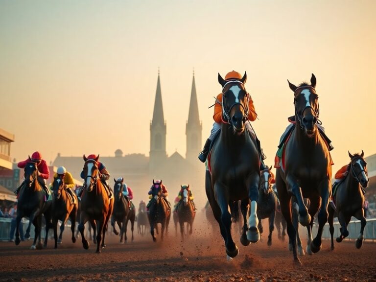 A vibrant action shot of a horse race on a sunny track, with jockeys in colorful silks racing toward the finish line, surroun