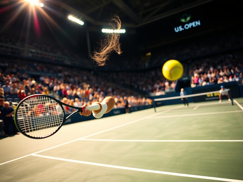 A vibrant aerial view of Arthur Ashe Stadium during night play, with bright lights illuminating the court, surrounded by a di