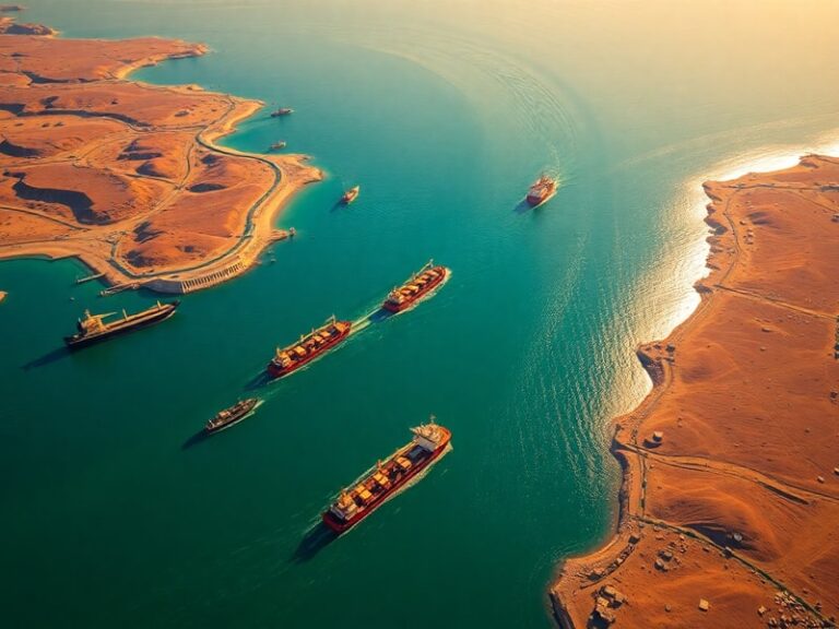 Aerial view of the Strait of Hormuz showing oil tankers, military ships, and coastal cities like Bandar Abbas and Musandam, w