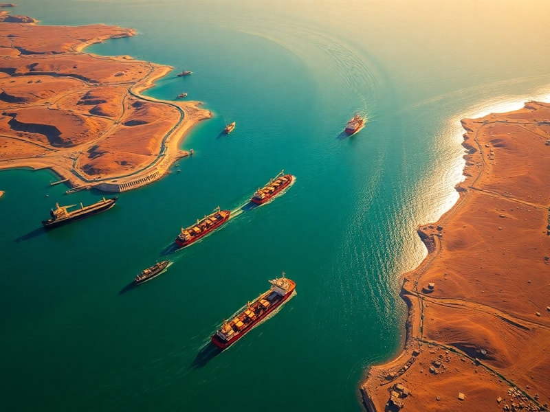 Aerial view of the Strait of Hormuz showing oil tankers, military ships, and coastal cities like Bandar Abbas and Musandam, w