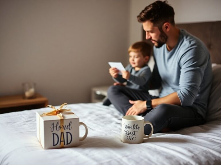 A well-lit display of Father's Day gift ideas: a custom engraved watch, a family photo book, noise-canceling headphones, and