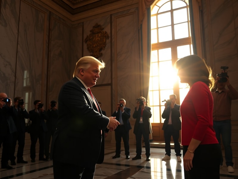 A split-screen image showing Donald Trump and Giorgia Meloni shaking hands at a formal event, with the U.S. and Italian flags