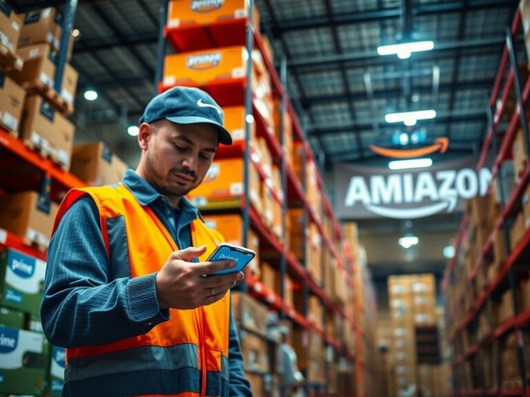 A split-screen image: on the left, a crowded online shopping cart with Prime branding; on the right, a warehouse packed with