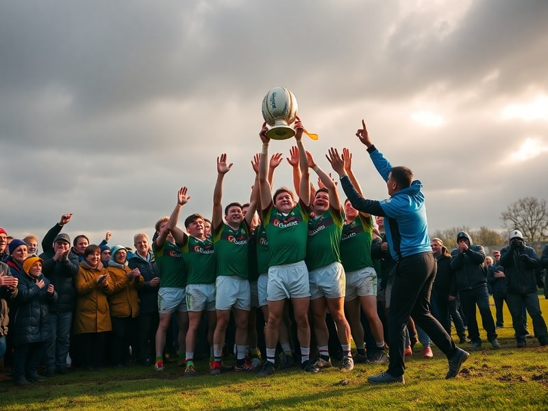 A split-image showing a jubilant GAA team celebrating a championship win on one side and a coach analyzing tactics on the oth