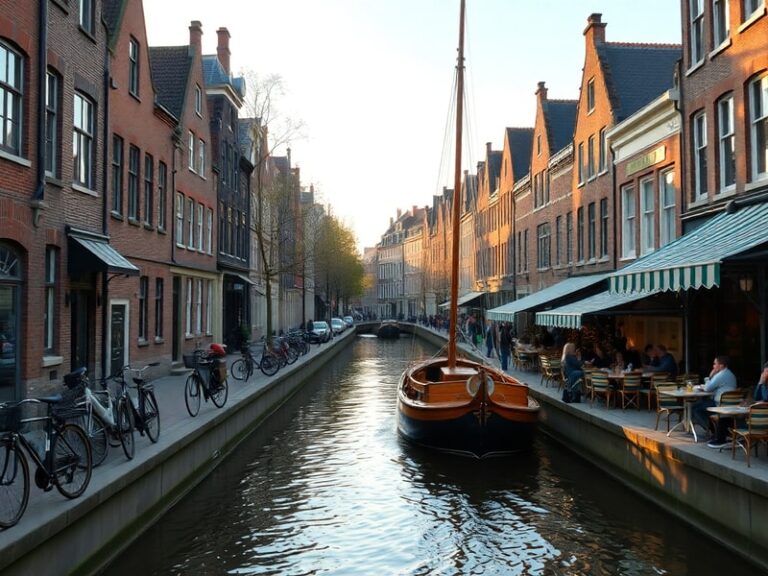 Aerial view of Amsterdam’s canals at sunset, with historic brick buildings lining the water, bicycles parked along the edges,
