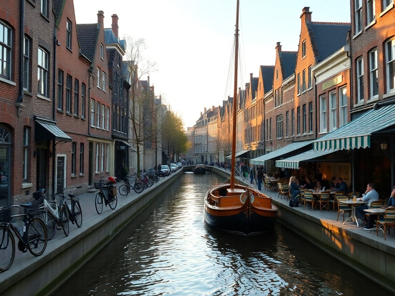Aerial view of Amsterdam’s canals at sunset, with historic brick buildings lining the water, bicycles parked along the edges,