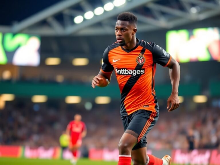 Cody Gakpo in action for Liverpool, wearing the red kit, mid-dribble with a blurred stadium background, capturing his dynamic