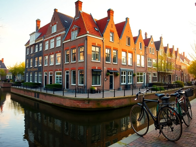 Aerial view of Amsterdam’s canals at sunset, with bicycles on bridges, modern buildings, and greenery, depicting the blend of