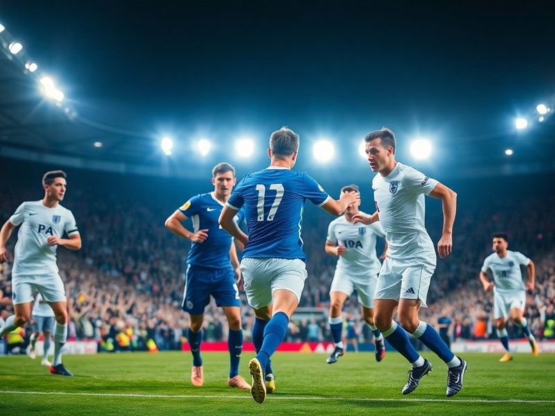 Two football teams in vintage kits facing off on a misty pitch at Hampden Park, with tartan scarves in the stands and Union J