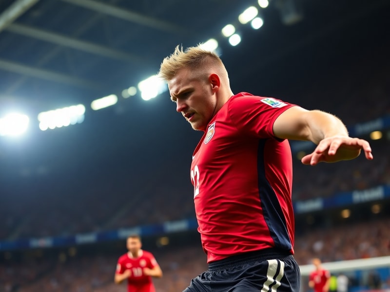 Erling Haaland in action during the 2022 World Cup in Qatar, wearing Norway's red jersey, sprinting past a defender with the