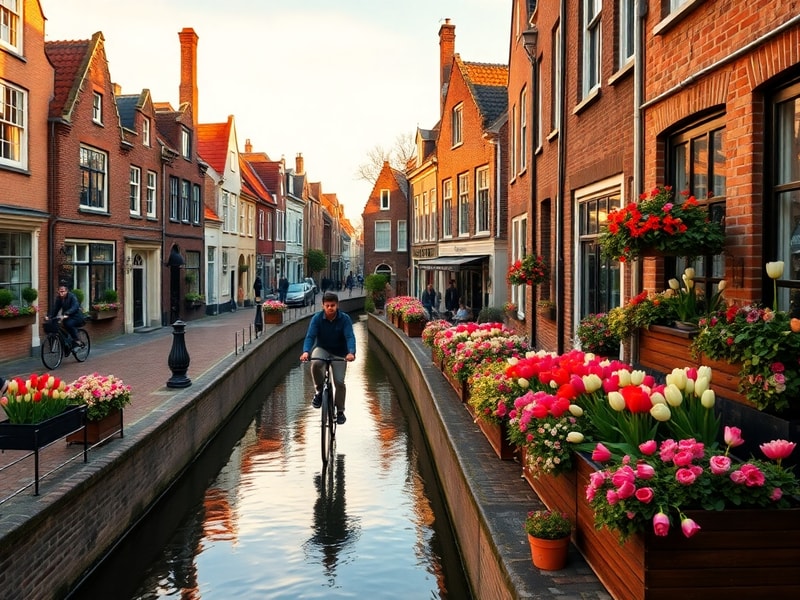 Aerial view of Summerville Netherlands at golden hour, showing a mix of historic brick houses and modern eco-friendly homes s